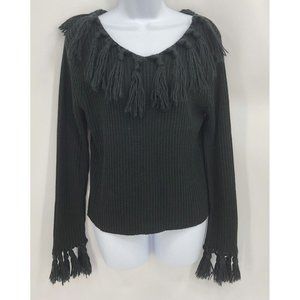 VTG Fiorlini Black Womens Size M Chunky Ribbed Sweater Tassel Fringe V Neck Y2K